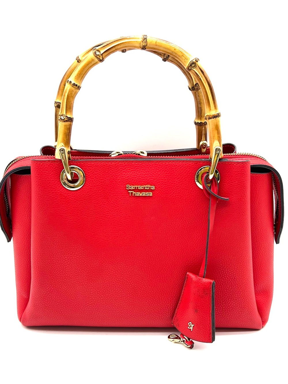 Samantha Thavasa Red Leather Bamboo Handle Hand Bag w/ Key Fob
